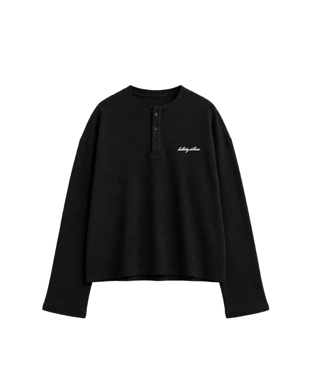 HASHWAY ARCHIVES EMBROIDERED HENLEY WAFFLE T-SHIRT - BLACK