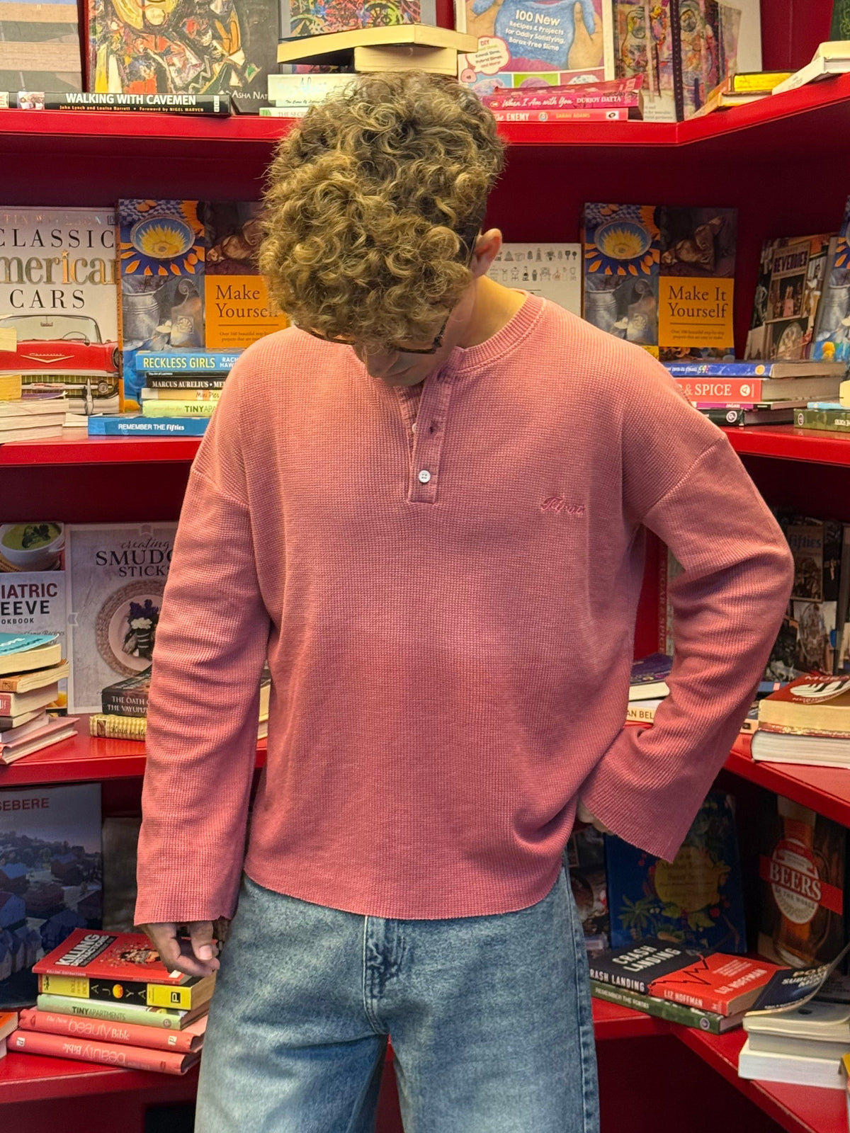 PINK WASHED WAFFLE HENLEY