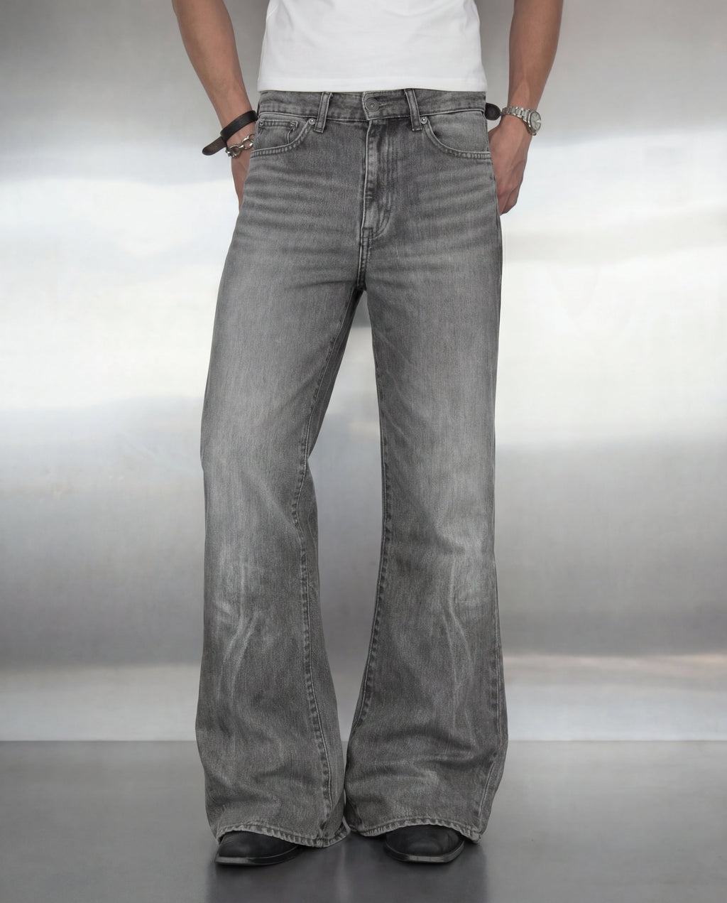 Smoke Grey Washed Baggy Bootcut Jeans