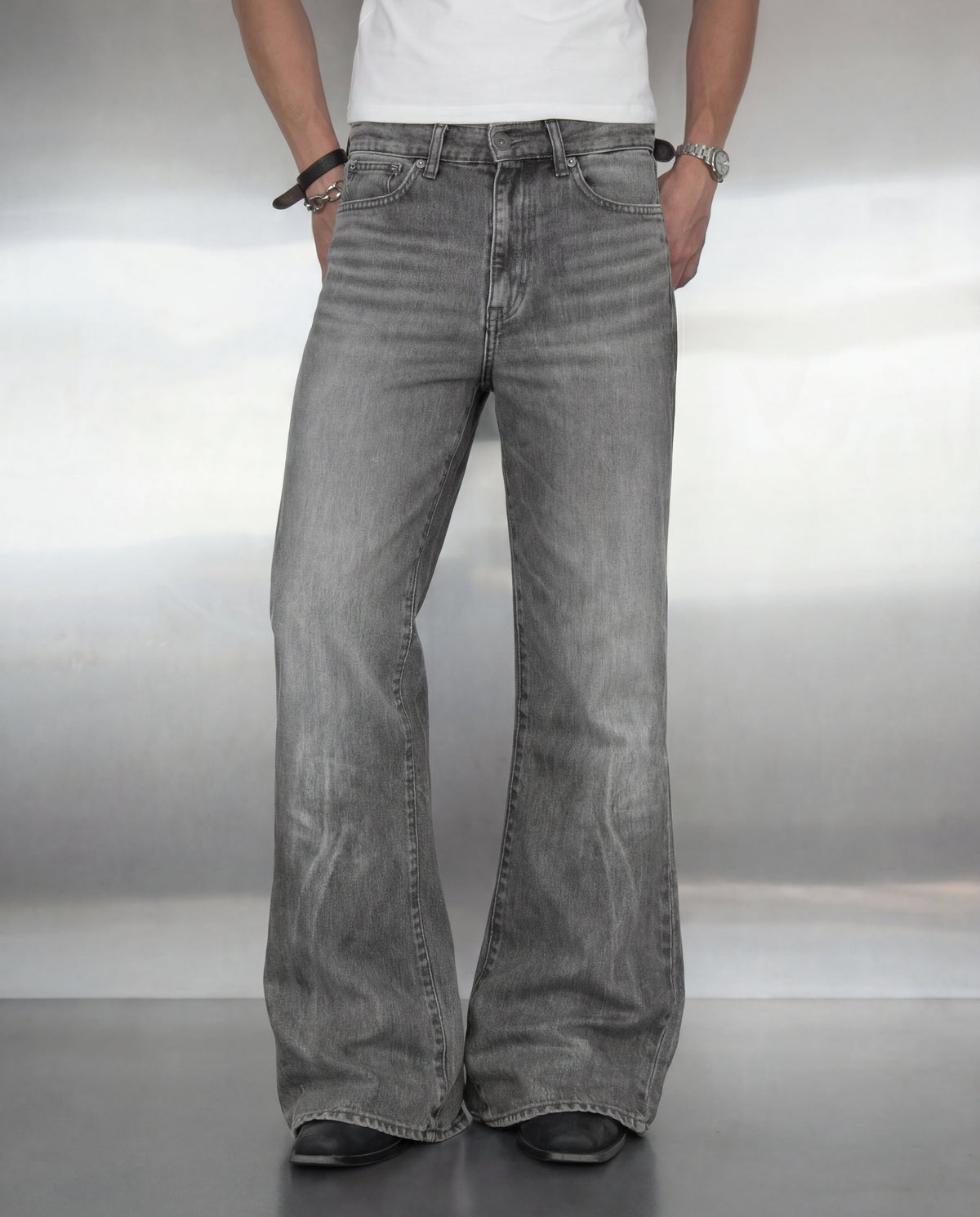 Smoke Grey Washed Baggy Bootcut Jeans