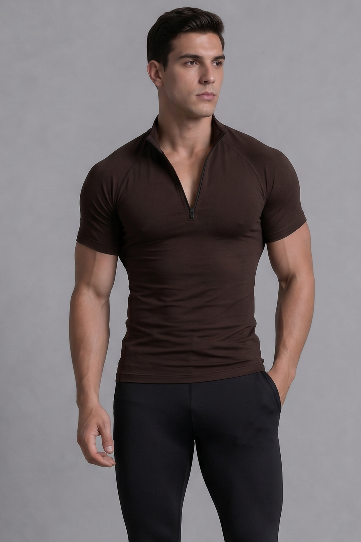 Flex Zip Compression Tshirt Half Sleeve - Brown