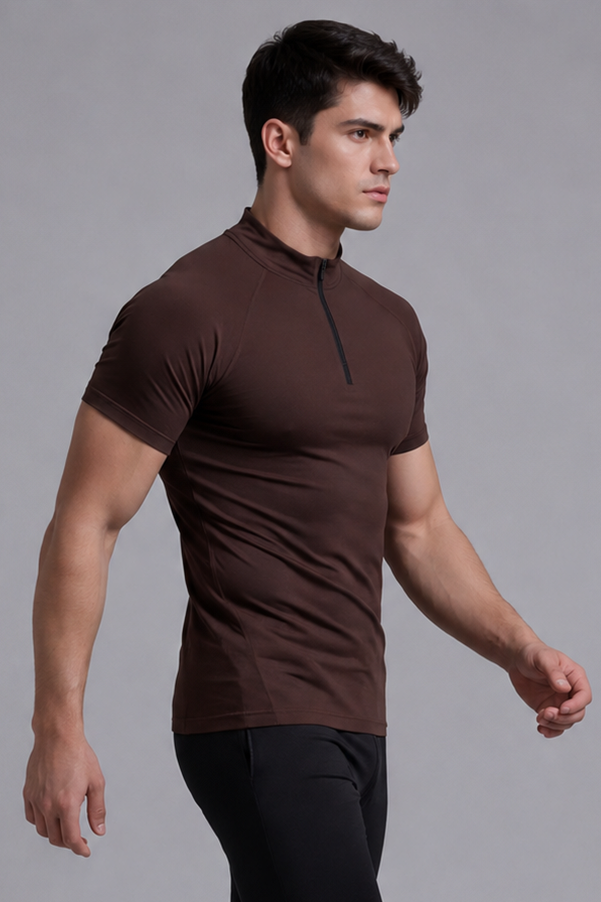 Flex Zip Compression Tshirt Half Sleeve - Brown