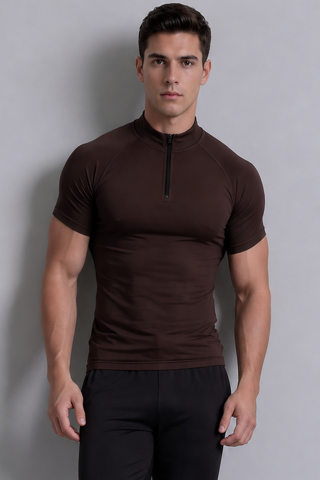 Flex Zip Compression Tshirt Half Sleeve - Brown